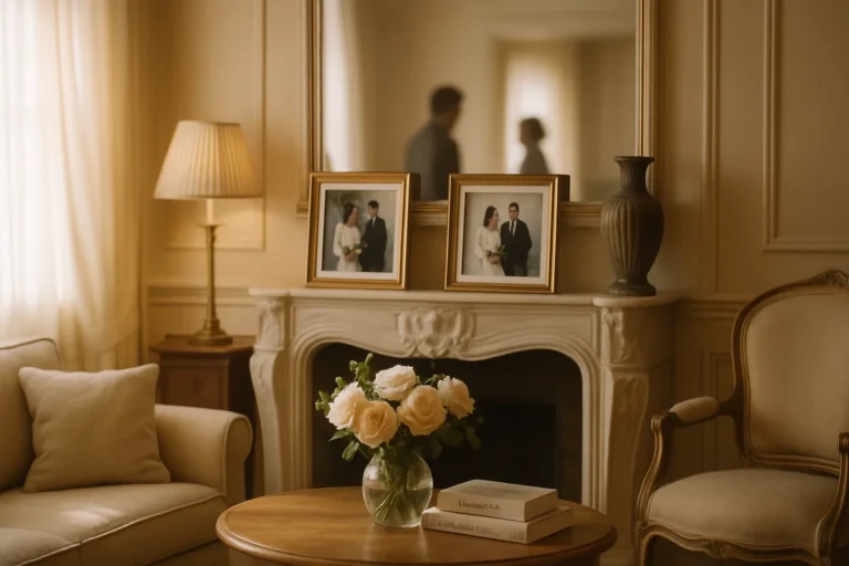 ```json { "altText": "Intérieur élégant avec cadres photos de mariage évoquant la vie familiale d'Apolline de Malherbe mariée", "caption": "Un intérieur raffiné symbolisant la vie privée et l'univers familial de la journaliste Apolline de Malherbe.", "description": "Salon français élégant avec des cadres photos de mariage sur la cheminée, évoquant la vie conjugale d'Apolline de Malherbe mariée à Harold Hauzy. L'atmosphère chaleureuse et intime reflète l'équilibre entre sa carrière de journaliste reconnue et sa vie de famille privée. Les livres de journalisme et la décoration soignée illustrent son univers personnel." } ```