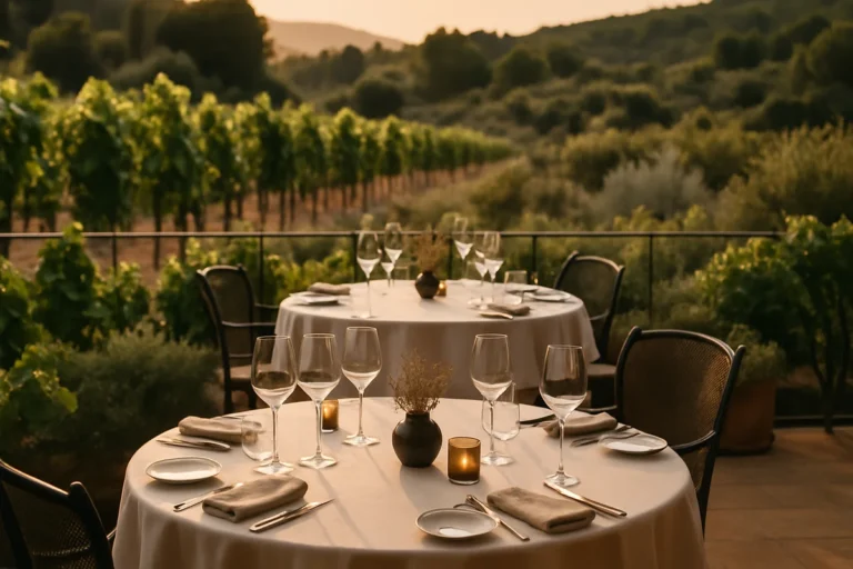 ```json { "altText": "Terrasse du restaurant étoilé Michelin Entre vigne et garrigue de Maxime Chenet à Pujaut en Provence", "caption": "La terrasse élégante du restaurant Entre vigne et garrigue, nichée au cœur des vignobles et de la garrigue provençale à Pujaut.", "description": "Vue sur la terrasse raffinée du restaurant étoilé Michelin Entre vigne et garrigue du chef Maxime Chenet à Pujaut. L'établissement gastronomique s'intègre harmonieusement dans le paysage provençal, entre rangées de vignes verdoyantes et végétation méditerranéenne typique de la garrigue. Cette image capture l'atmosphère sophistiquée et l'environnement naturel exceptionnel qui font la renommée de cette table d'excellence." } ```