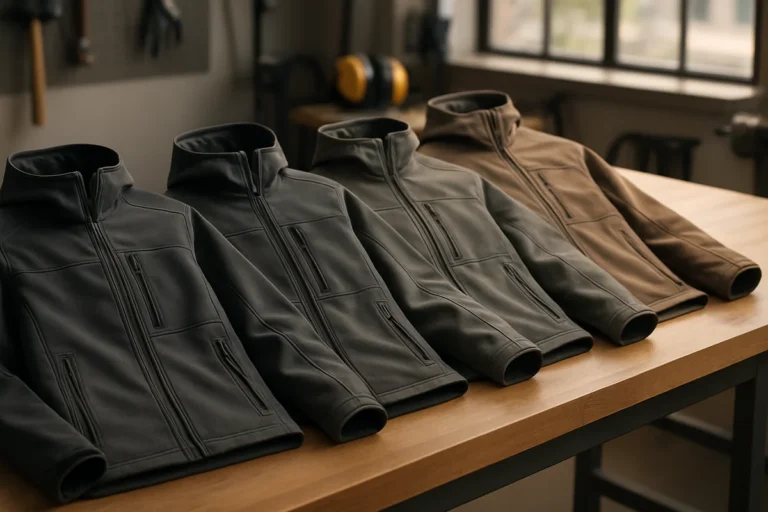 ```json { "altText": "Vestes softshell Modyf professionnelles disposées sur établi en atelier avec équipements de sécurité", "caption": "Comparatif visuel des différents modèles de vestes softshell Modyf pour professionnels en conditions réelles d'utilisation.", "description": "Présentation des vestes softshell Modyf dans un environnement professionnel authentique. Cette image illustre notre comparatif détaillé des modèles softshell Modyf, mettant en valeur leur conception technique et leur adaptation aux besoins des professionnels. L'agencement permet de visualiser les caractéristiques distinctives de chaque veste dans un contexte d'atelier réaliste." } ```